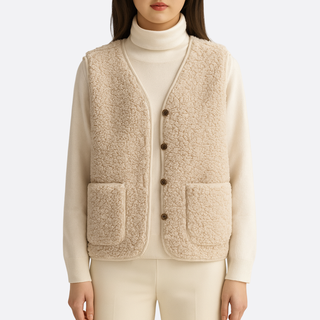 Damen - Shearling Weste - Knopfverschluss - Kuscheliges Material - Stilvolle Damenmode für den Winter