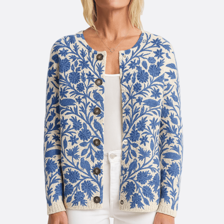 Damen - Strickjacke - Gemütliche Blumenmuster - Rundhalsausschnitt - Stylische Mode für jeden Anlass
