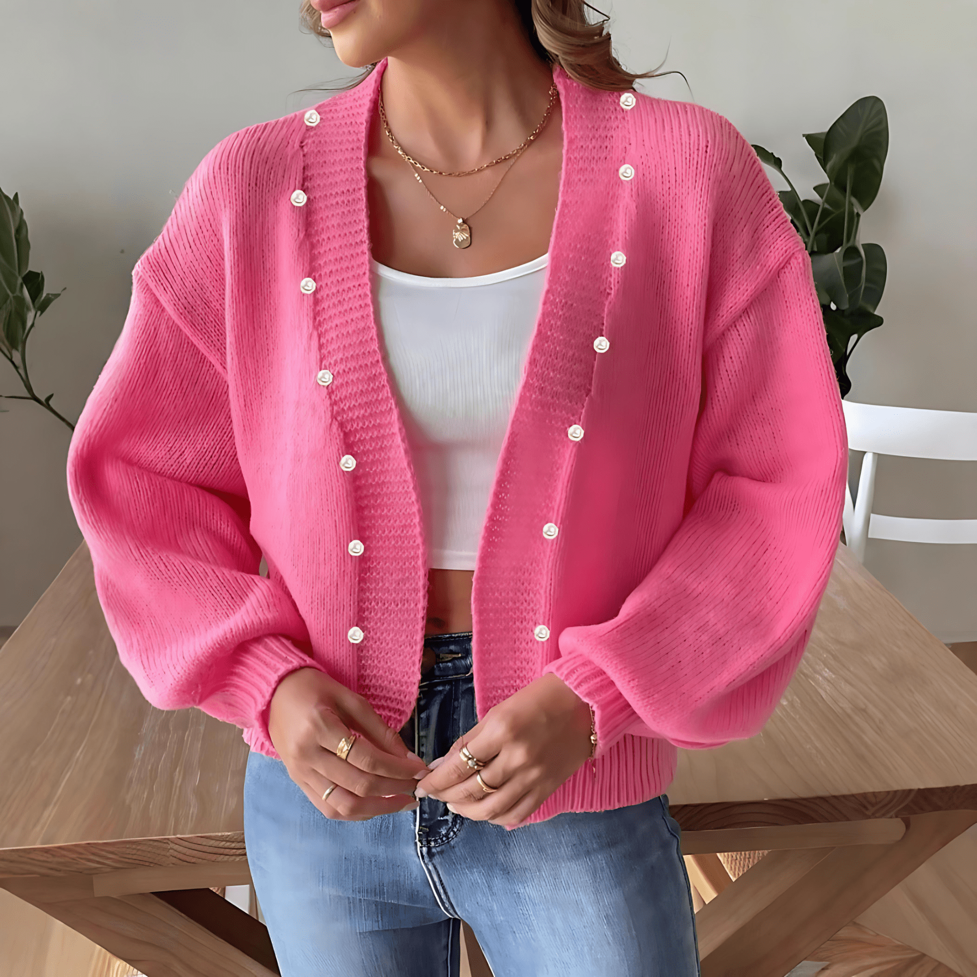 Damen - Strickjacke - Weit geschnitten mit eleganten Perlmuttknöpfen - Modischer Komfort