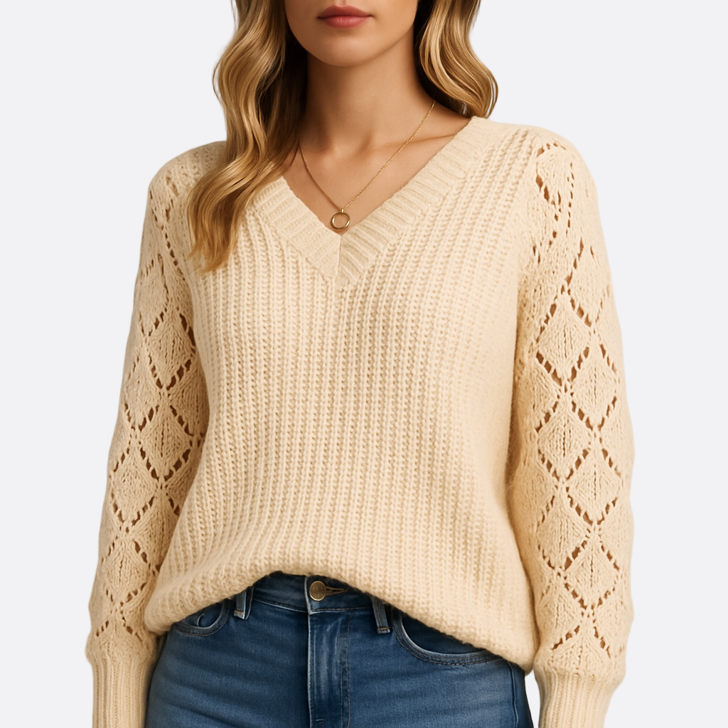 Damen - Strickpullover - Spitzenmuster & voluminösen Ärmeln - Eleganter Look für jeden Anlass