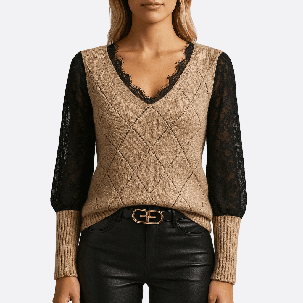 Damen - Sweatshirt - V-Ausschnitt und Spitzenbesatz - Strickmischung für stilvolle Eleganz