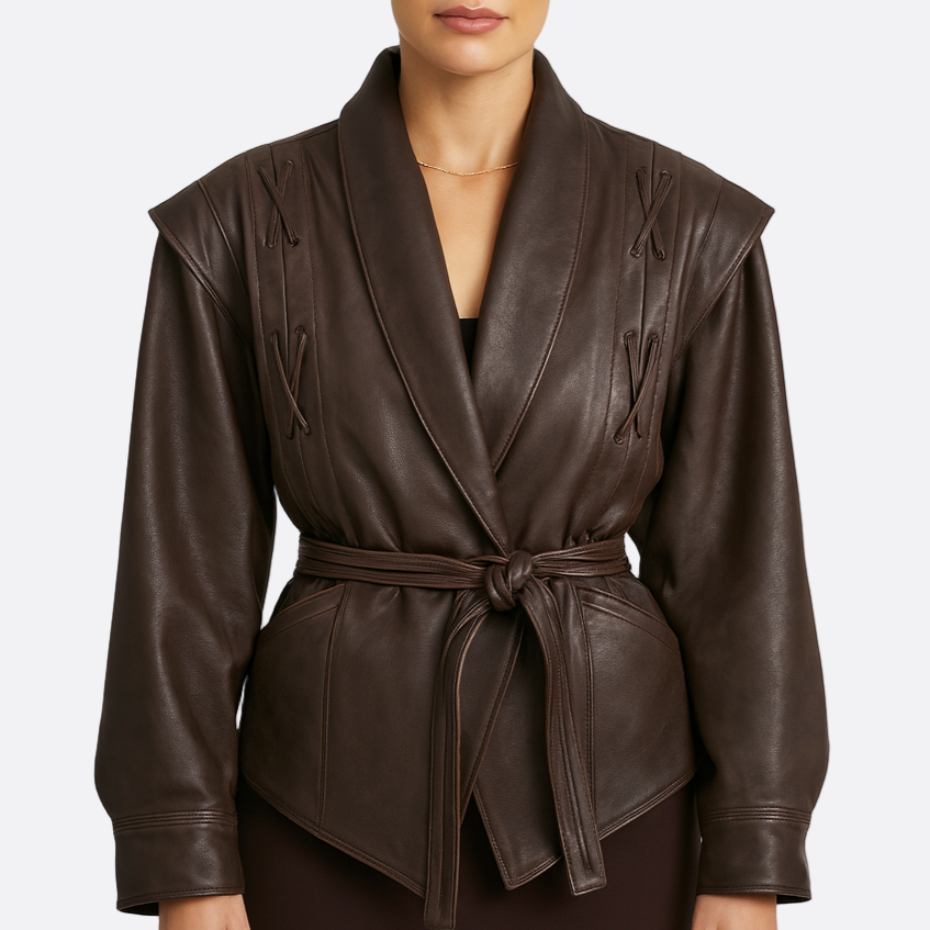 Damen - Taillierter mantel mit Gürtel - Leder - Eleganter Schnitt für stilvolle Outfits