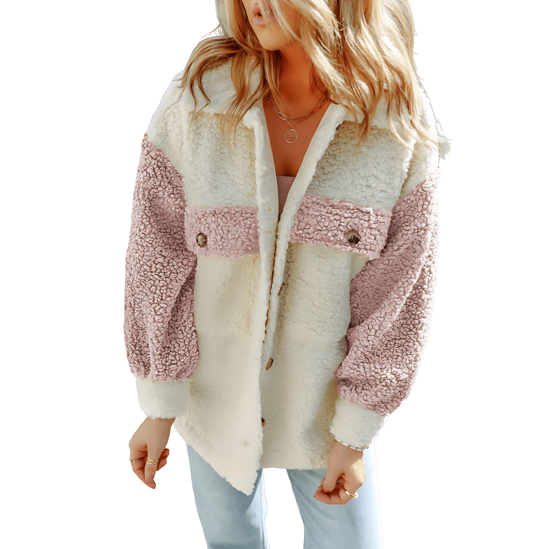 Damen - Teddyjacke - Kontrastfarbenen Ärmeln - Weiches Material - Stylische Freizeitjacke