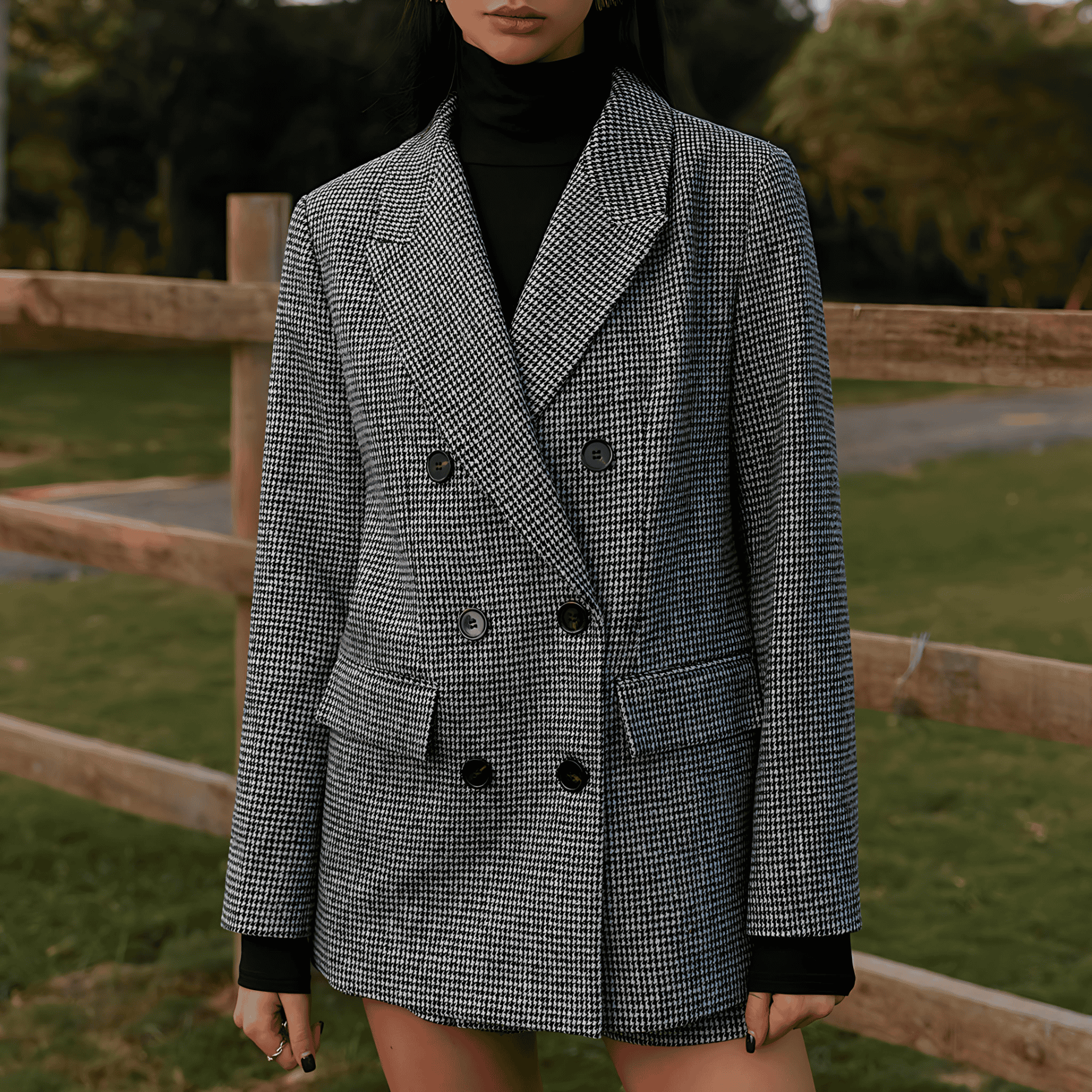 Damen - Tweed Blazer - Zweireihig mit Hahnentrittmuster - Stilvoller Chic für jedes Outfit