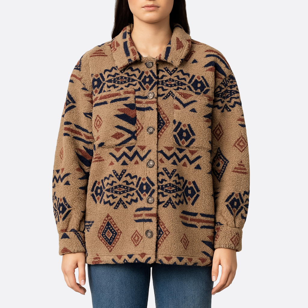 Damen - Übergroße Plüschjacke - Geometrisches Muster - Kuscheliger Stil für kalte Tage
