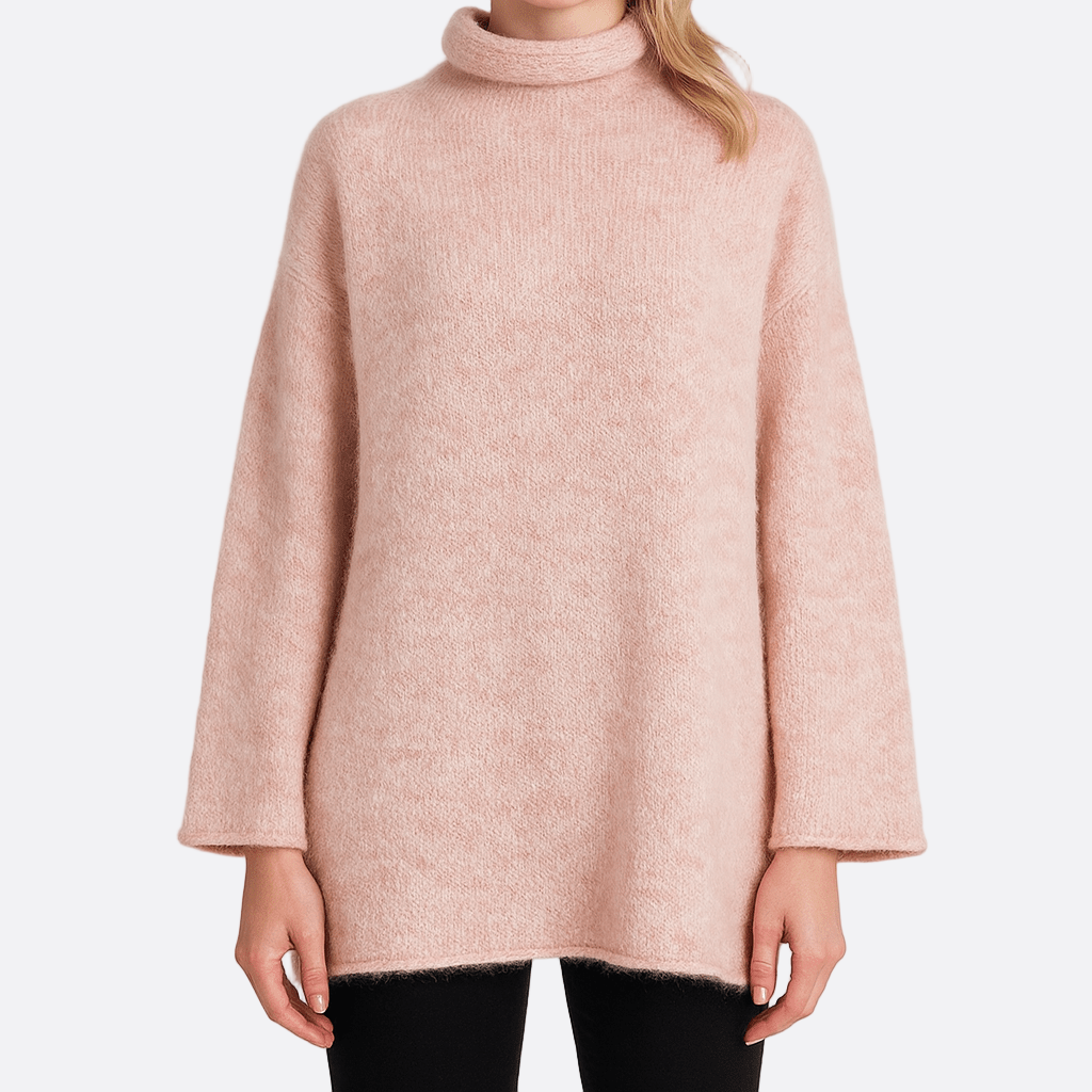 Damen - Weiches Strick-Sweatshirt - Lockerer Passform - Hoher Halsausschnitt & Ausgestellte Ärmel - Modischer Komfort