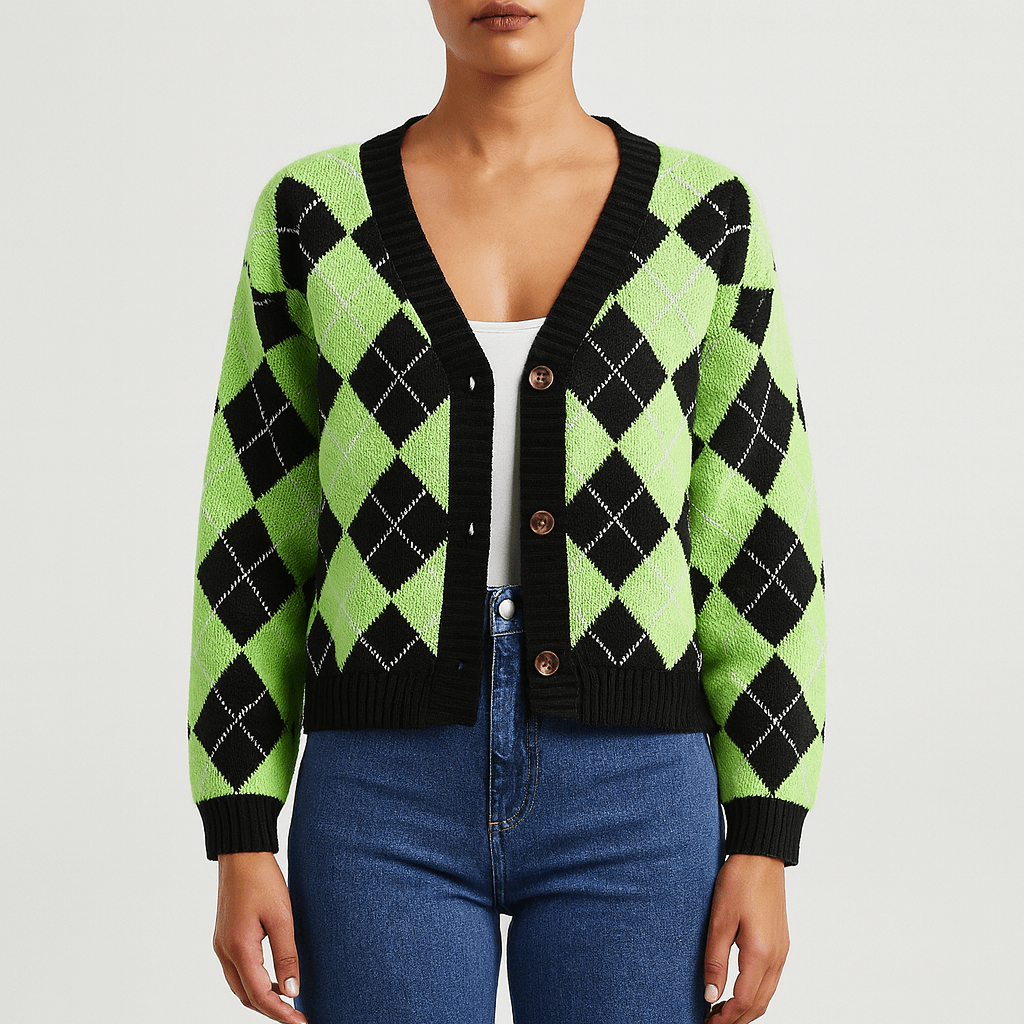 Damen - Weit geschnittene Strickjacke - Baumwolle - Karomuster Knopfverschluss - Modische Strickjacke