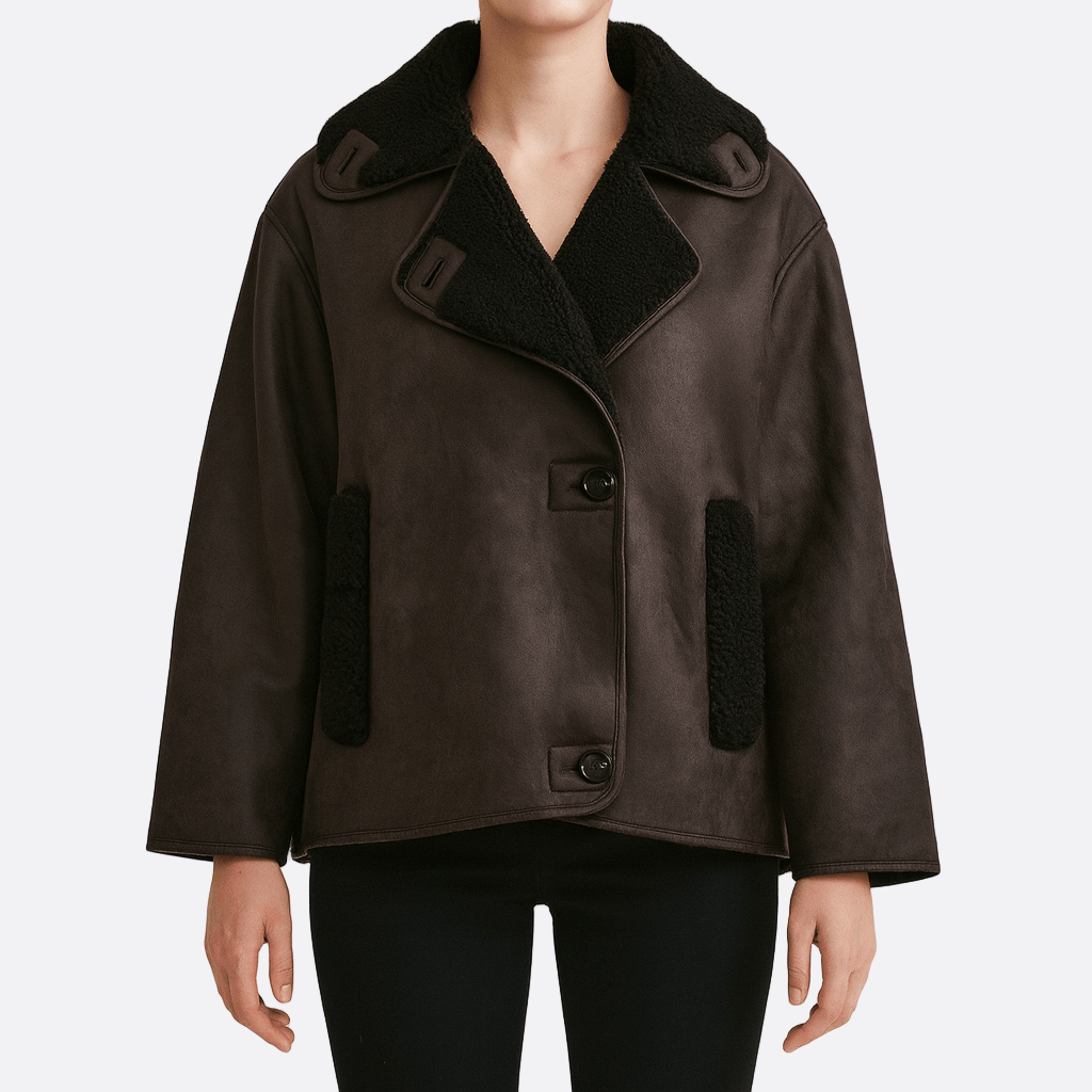 Damen - Winterjacke - Leder - Plüschfutter & breitem Kragen - Stilvolle und warme Jacke für die kalte Jahreszeit