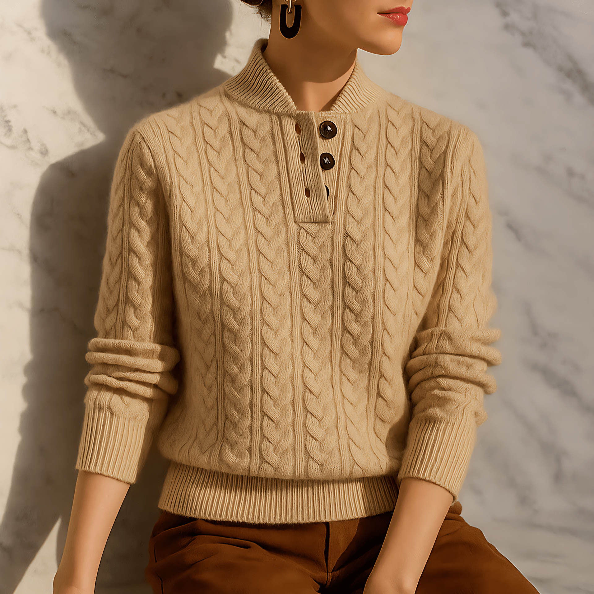 Damen - Zopfstrick Pullover - Trichterhals - Bequemer Stil für die kalte Jahreszeit