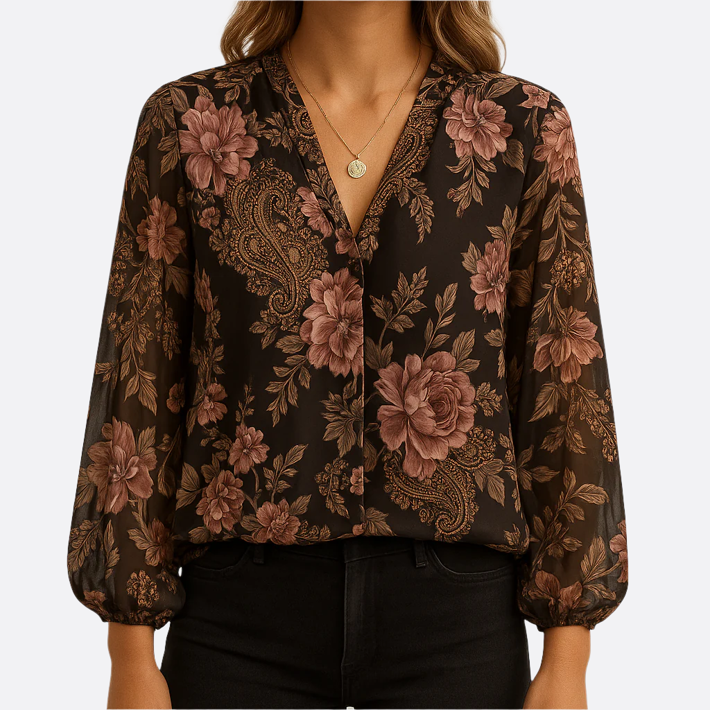 Damen - Bluse mit V-Ausschnitt und langen Ärmeln - Polyester-Chiffon - Blümchenmuster - Ideal für frühlingshafte Outfits
