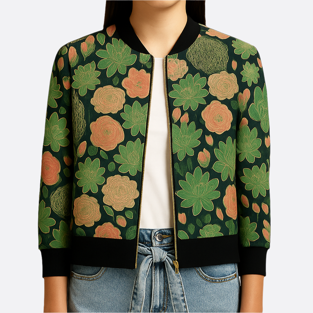 Damen - Bomberjacke mit Blumenmuster - Hochwertiger Stoff - Kaktus Druck - Trendige Damenoberbekleidung für jeden Anlass