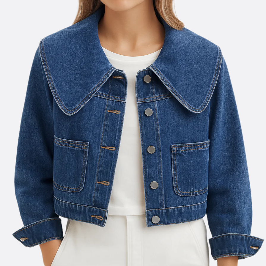 Damen - Denim Jacke - Haltbares Stoff - Vintage-Crop mit Matrosenkragen - Stylische Freizeitmode für jeden Anlass
