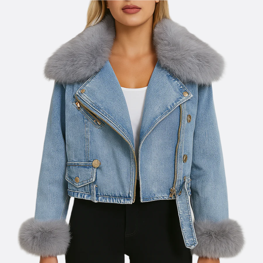 Damen - Denim Jacke - Kunstfellkragen und bündchen - Modischer Winter Style für jeden Anlass