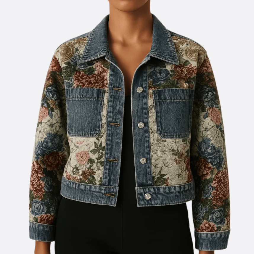 Damen - Denim Jacke mit Blumenmuster - Strapazierfähiger Stoff - Stylisches jacke für jeden Tag