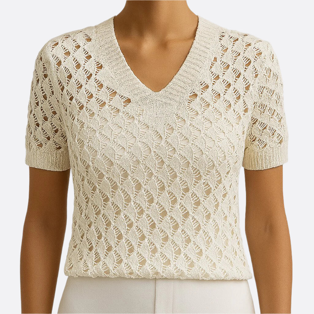 Damen - Eleganter Kurzarm-Pullover - Polyester - V-Ausschnitt und Spitze - Stilvolles Top für jeden Anlass