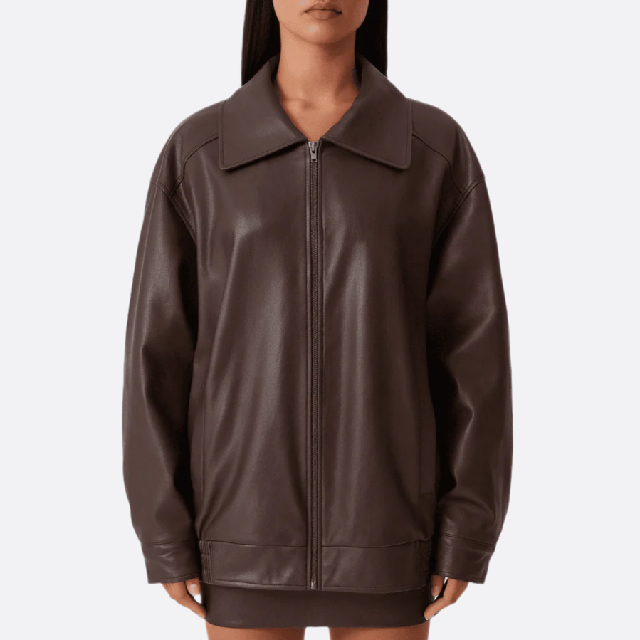 Damen - Entspannte jacke - Leder - Hochkragen mit Reißverschluss - Stilvolle Lederjacke für Alltag und Freizeit