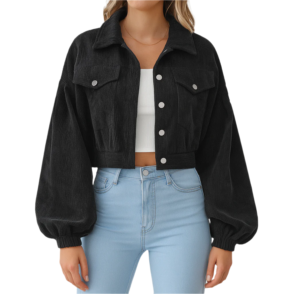 Damen - Gekürzte Jacke - Cord Denim - Übergroßen Ballonärmeln - Trendige Freizeitmode