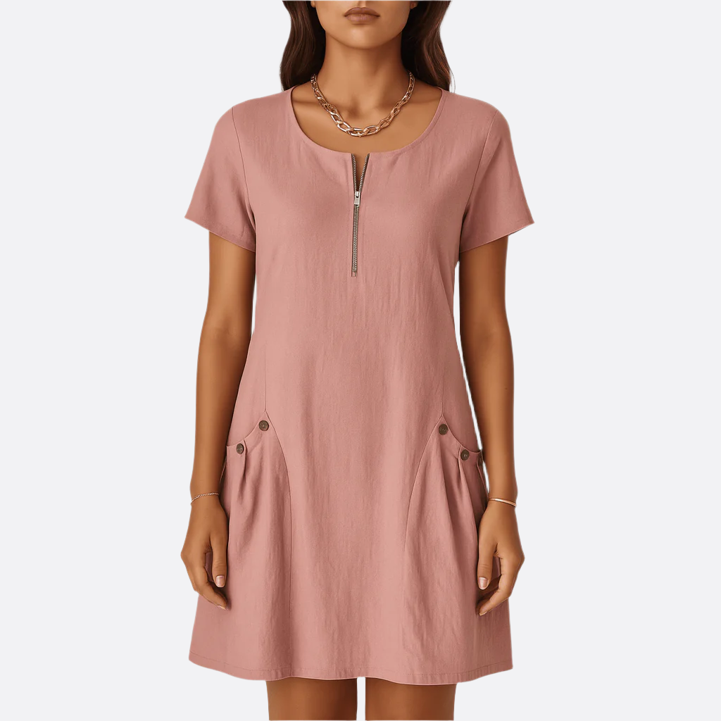 Damen - Kleid mit Ärmeln und Taschen - Atmungsaktivem Stoff - Lockere Passform - Lässiger Alltagsstil