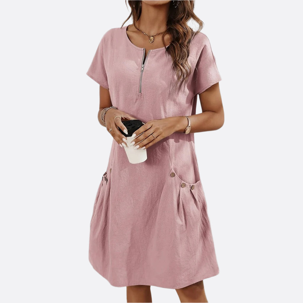Damen - Kleid mit Ärmeln und Taschen - Atmungsaktivem Stoff - Lockere Passform - Lässiger Alltagsstil