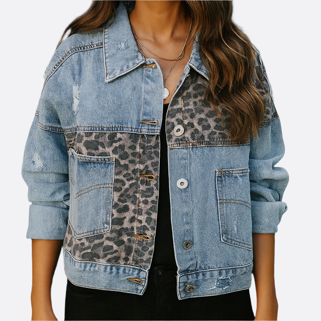 Damen - Patchwork-jacke - Denim-Stoff - Leopardenmuster - Trendige und Stylische Outerwear für jeden Anlass
