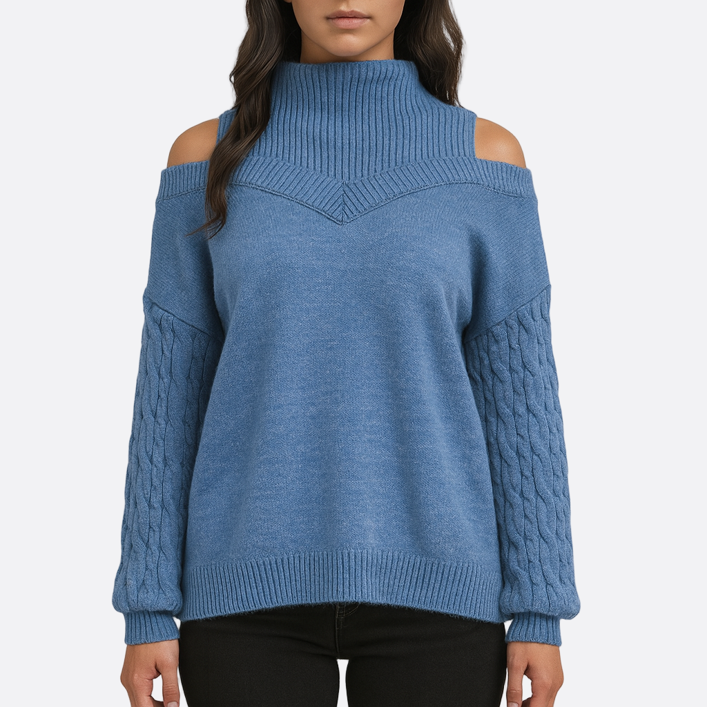 Damen - Schulterfreier Zopfmuster Pullover - Entspannter Schnitt - Gemütlicher Strickpullover für jede Gelegenheit