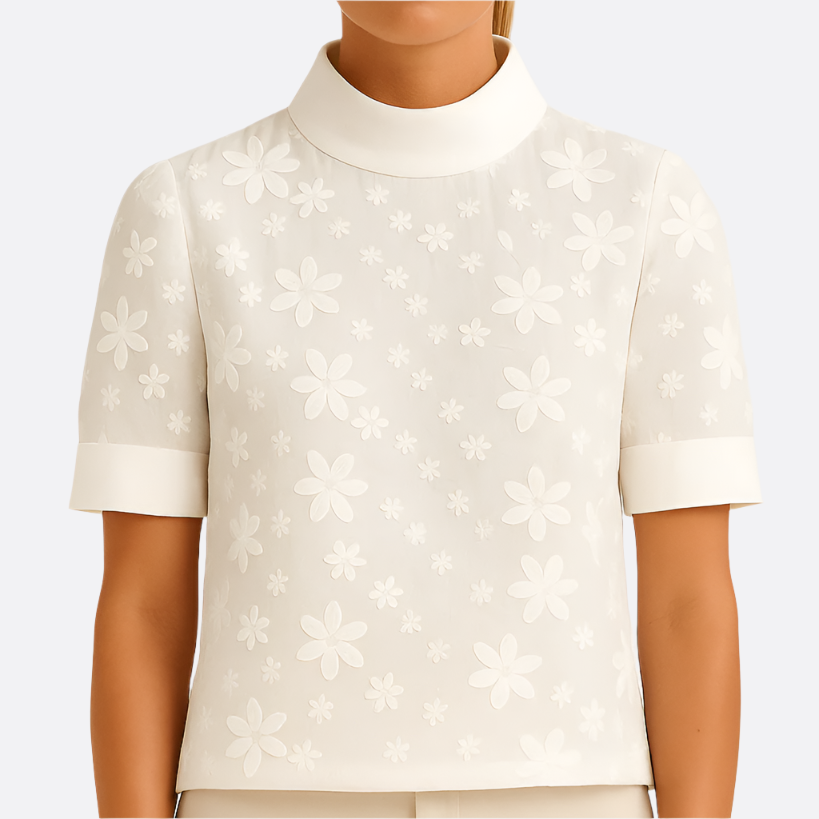 Damen - Stylische Bluse - Weichem Stoff - Mit gesticktem Stehkragen - Modisch und elegant für jeden Anlass