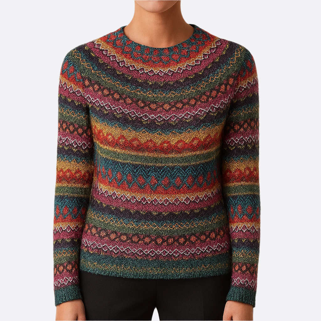 Damen - Winterpullover - Weicher Strickstoff - Gemütlicher mehrfarbig gestreifter - Perfekt für kalte Tage