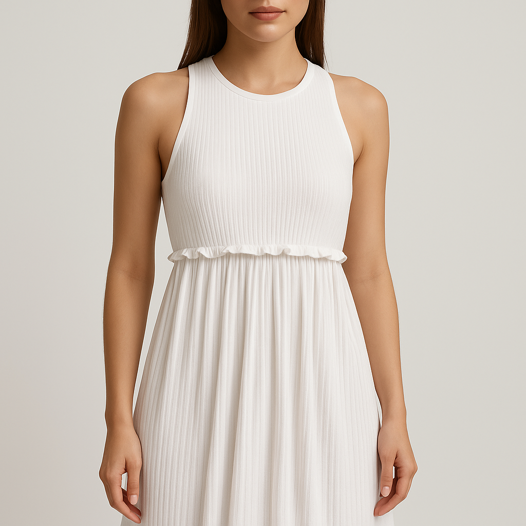 Damen - Ärmelloses A-Linien Midikleid - Hochgeschlossen aus Baumwollmischung - Bequemes Freizeitkleid