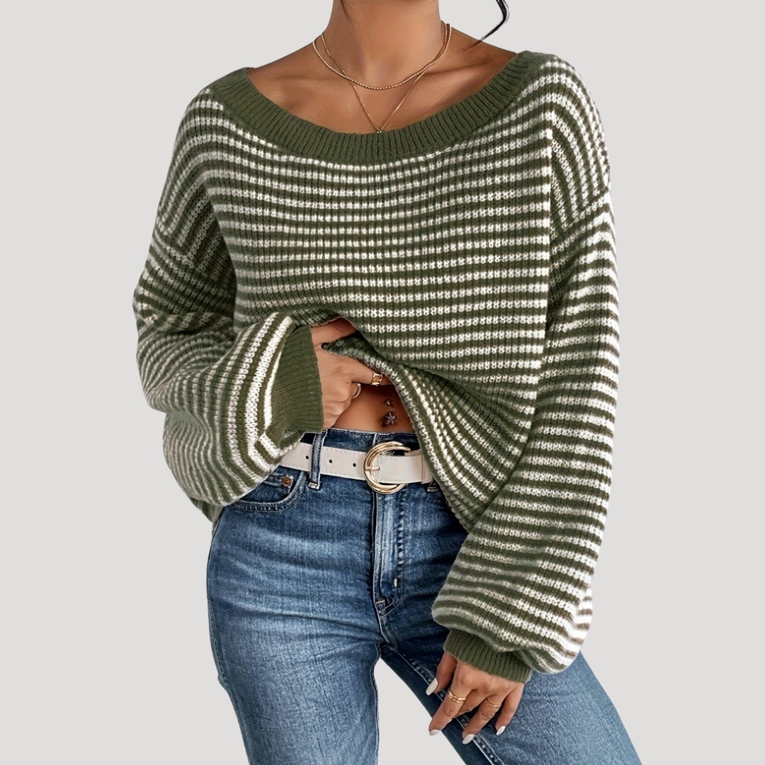 Damen - Gestreifter Strickpullover - Übergröße - Weicher Stoff & Bequemer Stil - Modischer Look
