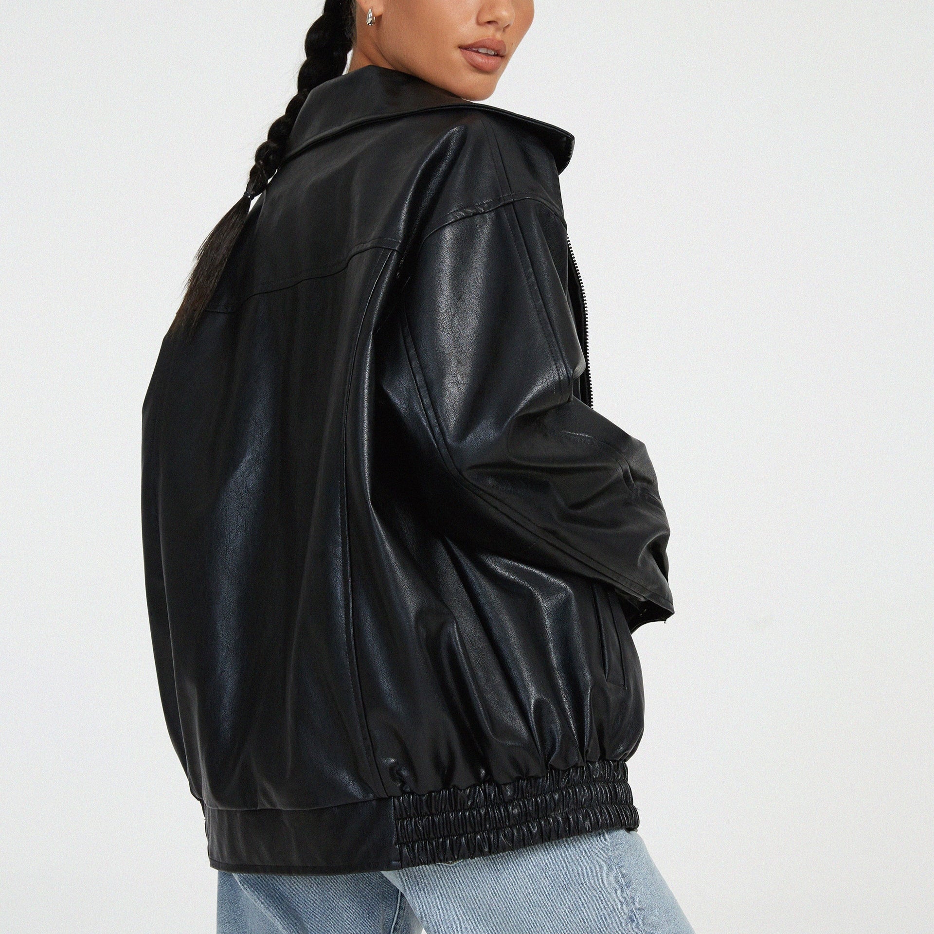 Damen - Entspannte jacke - Leder - Hochkragen mit Reißverschluss - Stilvolle Lederjacke für Alltag und Freizeit