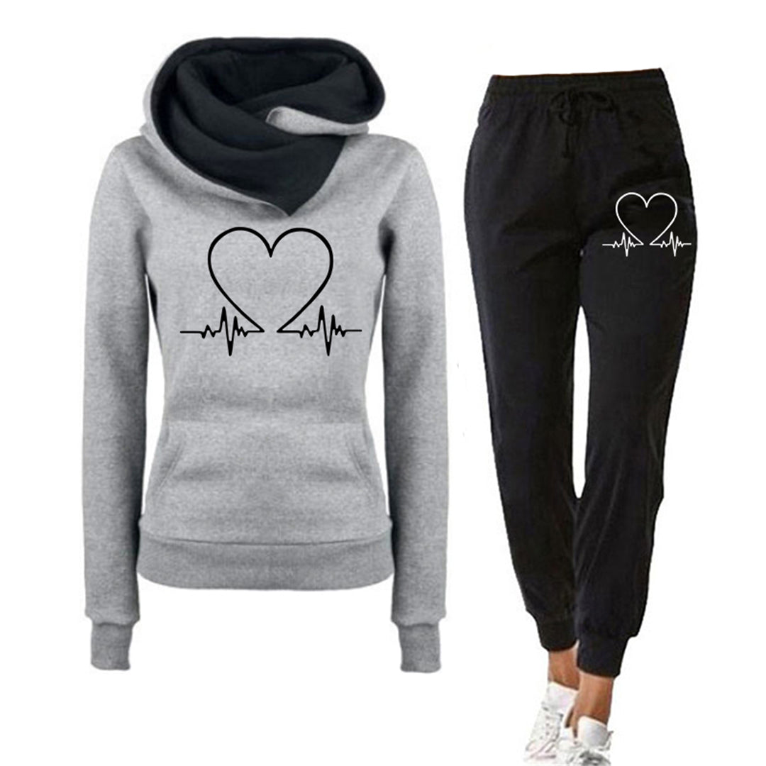 Damen - Loungewear Set - Bequemer Hoodie - Herzschlag Print & Jogginghose - Perfekt für Entspannung