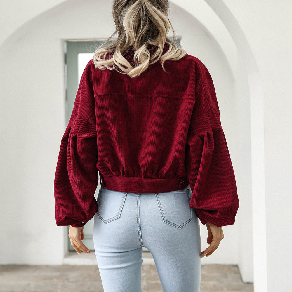 Damen - Gekürzte Jacke - Cord Denim - Übergroßen Ballonärmeln - Trendige Freizeitmode