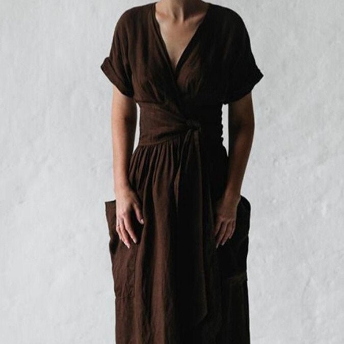 Damen - Wickelkleid - Leinen - Taillengürtel - Stilvolles Sommer-Essential für jeden Anlass