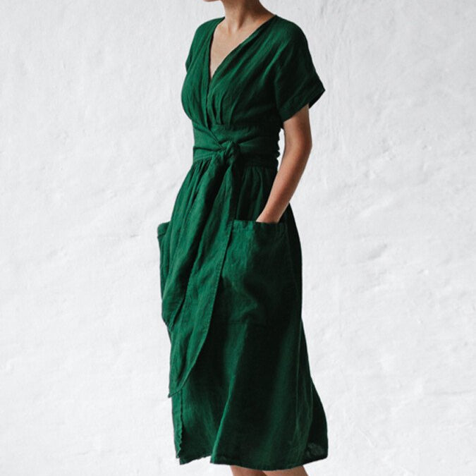 Damen - Wickelkleid - Leinen - Taillengürtel - Stilvolles Sommer-Essential für jeden Anlass