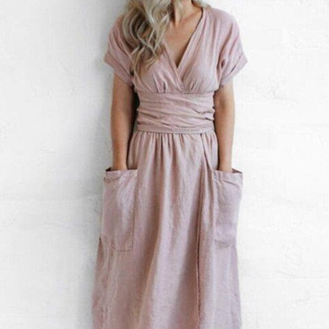 Damen - Wickelkleid - Leinen - Taillengürtel - Stilvolles Sommer-Essential für jeden Anlass