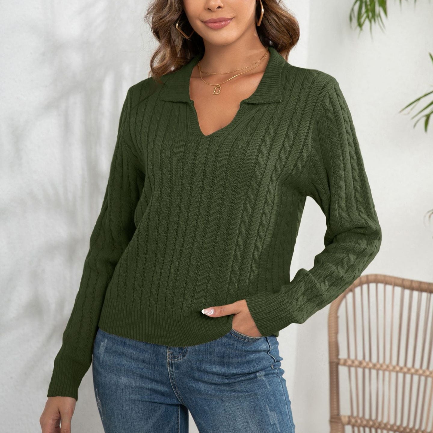 Damen - Pullover mit V-Ausschnitt - Baumwolle - Zopfstrickmuster - Bequeme und stilvolle Strickmode