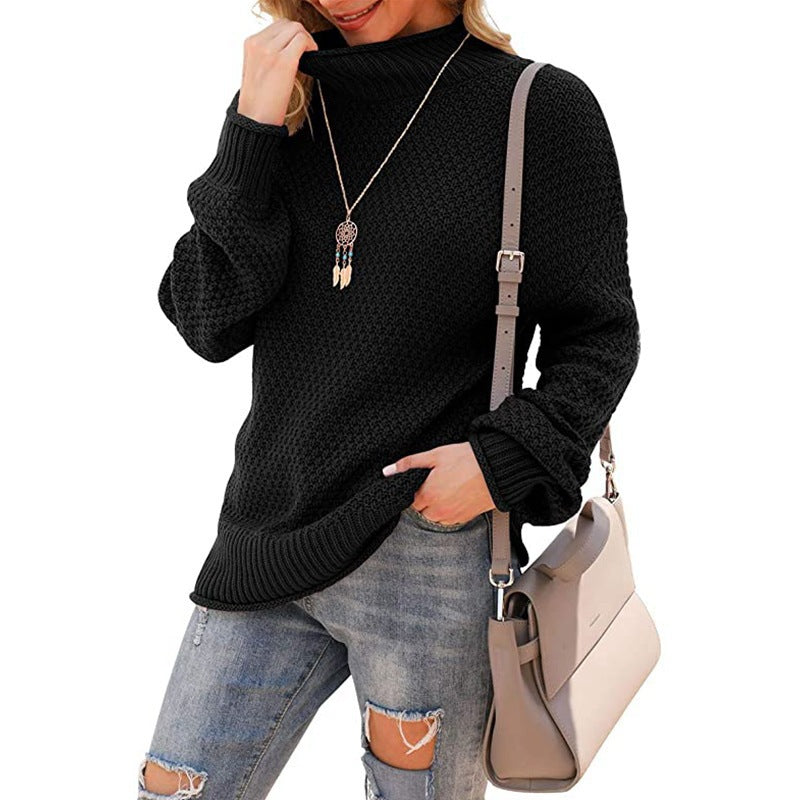 Damen  - Bequemer Grobstrick Pullover - Hoher Kragen - Bequemer Style für jeden Anlass