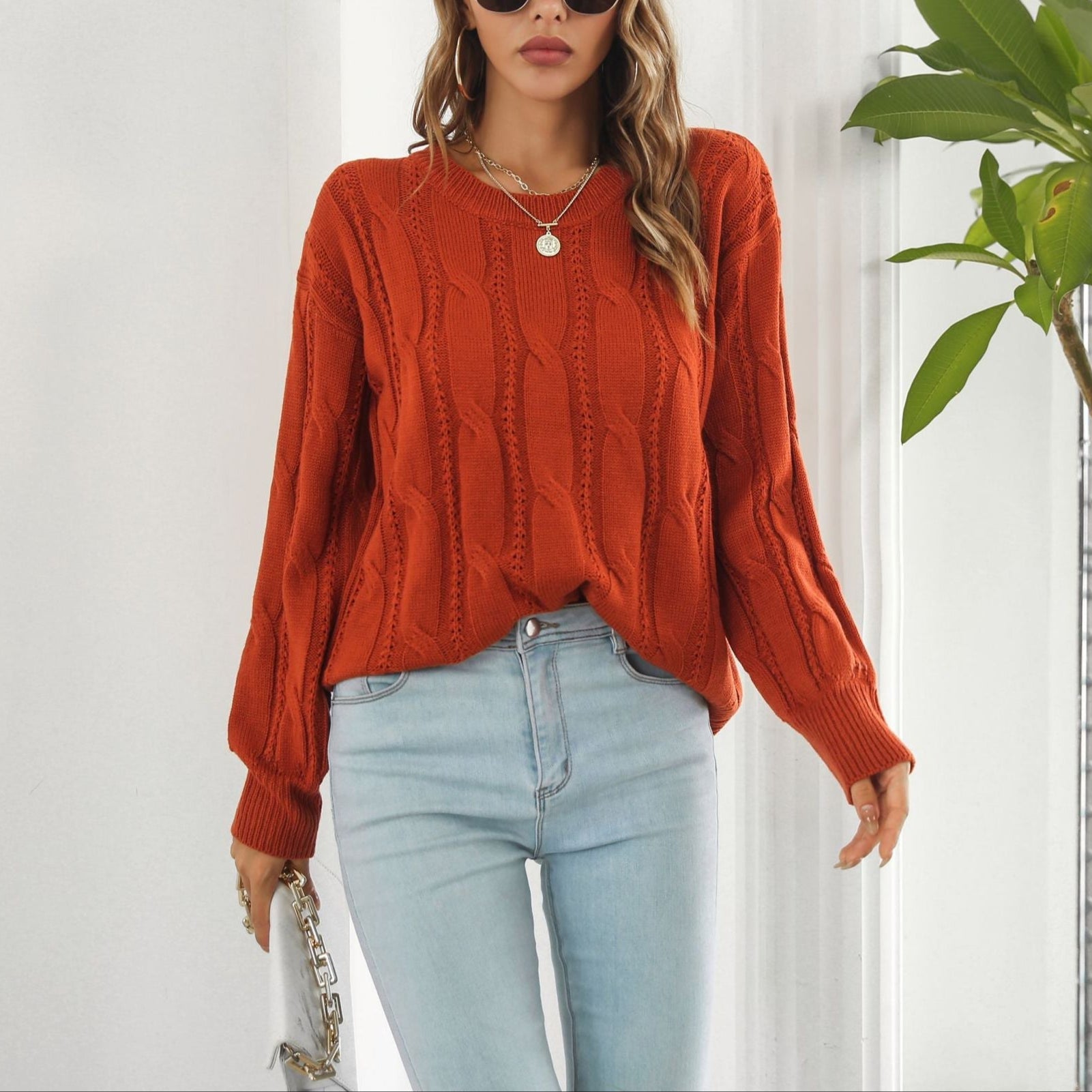 Damen - Strukturierter Zopfmuster Strickpullover - Baumwollmischung - Gemütlicher Style für jeden Anlass