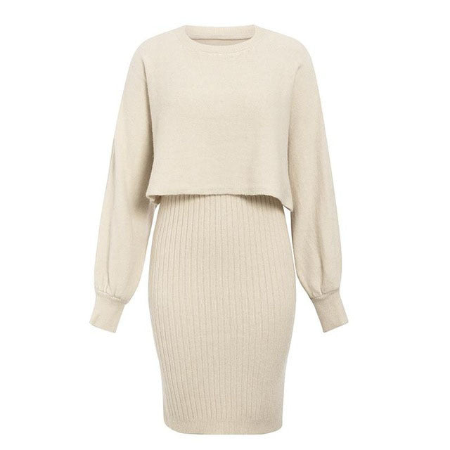 Damen - Kleid und Pullover Set - Midikleid mit Cropped Pullover - Stilvolles Strickset für jeden Anlass