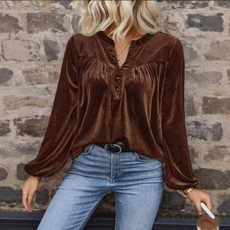 Damen - Langärmeliges Top - Samt - V-Ausschnitt mit Knöpfen - Elegantes Oberteil für jeden Anlass
