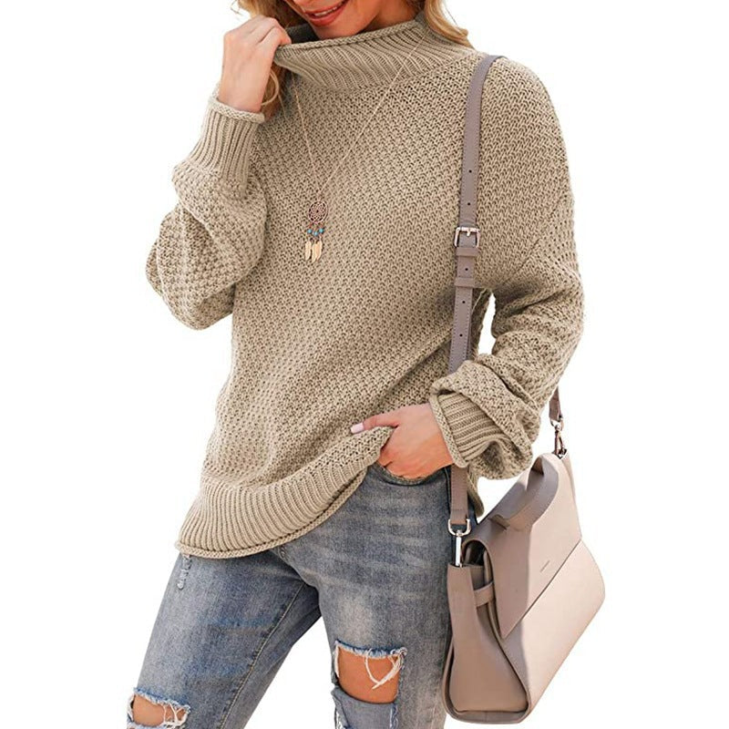 Damen  - Bequemer Grobstrick Pullover - Hoher Kragen - Bequemer Style für jeden Anlass