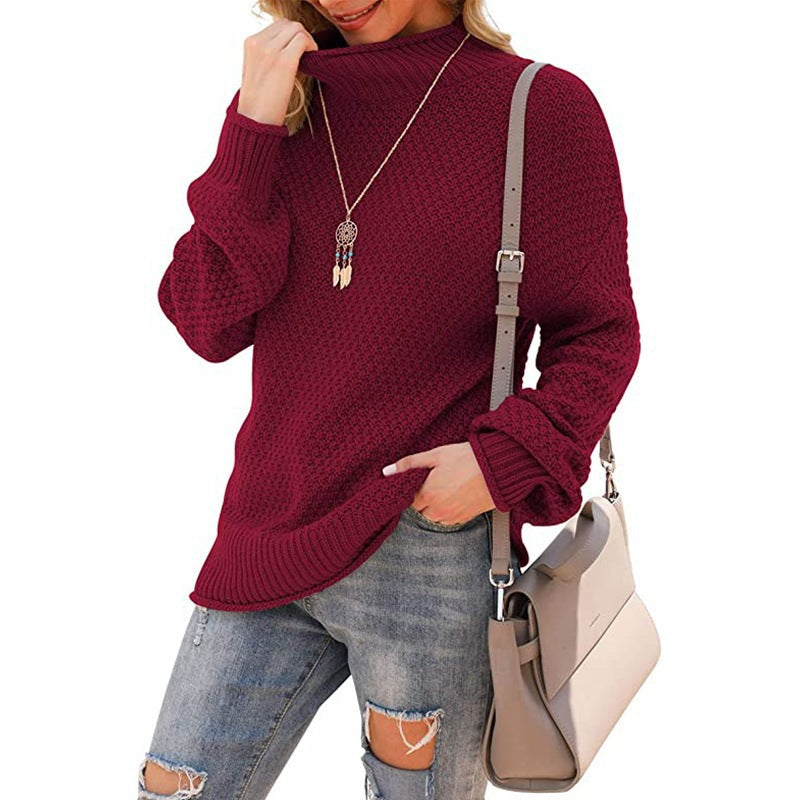 Damen  - Bequemer Grobstrick Pullover - Hoher Kragen - Bequemer Style für jeden Anlass