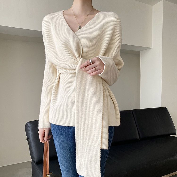 Damen - Lässiger Wickel Pullover - Trendy Krawattenbändchen - Bequeme Mode für jeden Anlass