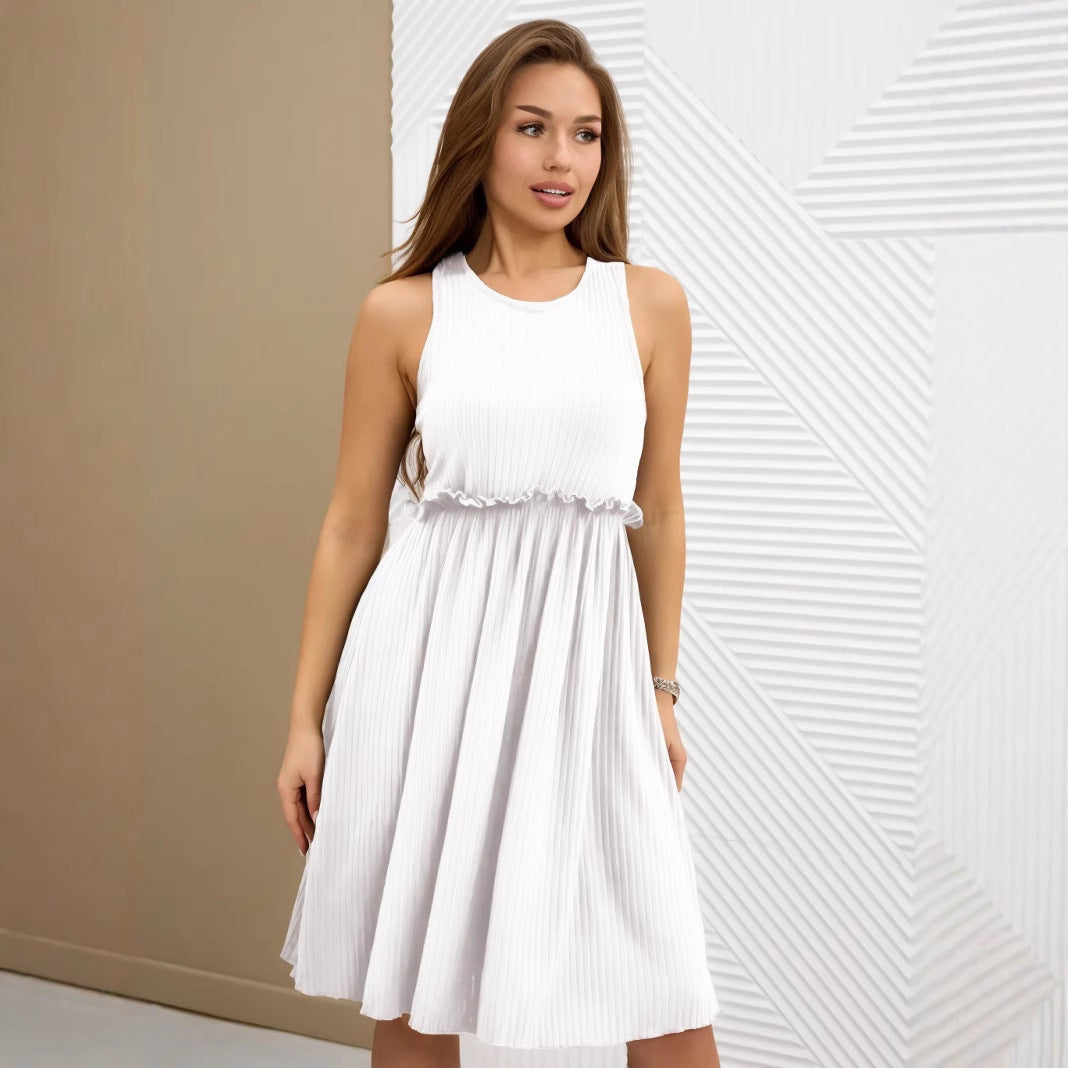 Damen - Ärmelloses A-Linien Midikleid - Hochgeschlossen aus Baumwollmischung - Bequemes Freizeitkleid