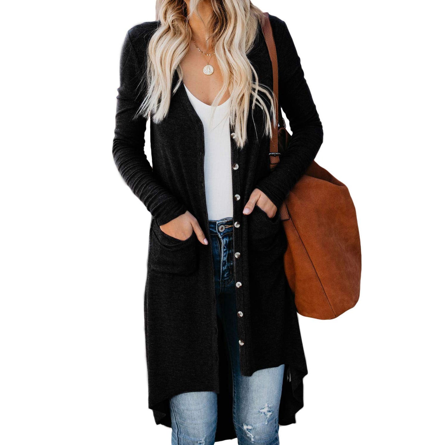 Damen - Lange Strickjacke mit Knöpfen und Taschen - Weiches Material - Bequemer Stil - Mode für den Alltag