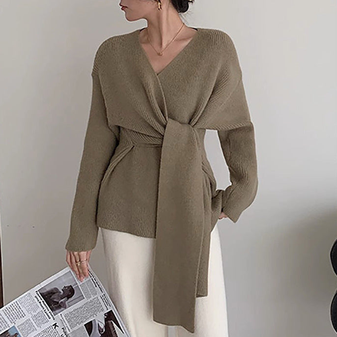 Damen - Lässiger Wickel Pullover - Trendy Krawattenbändchen - Bequeme Mode für jeden Anlass