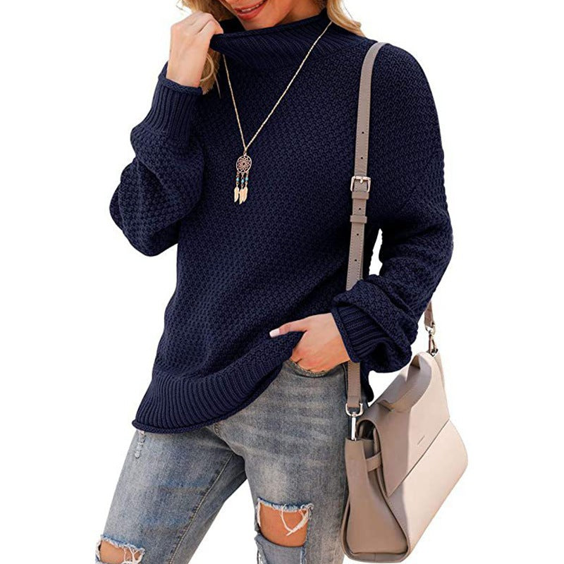 Damen  - Bequemer Grobstrick Pullover - Hoher Kragen - Bequemer Style für jeden Anlass