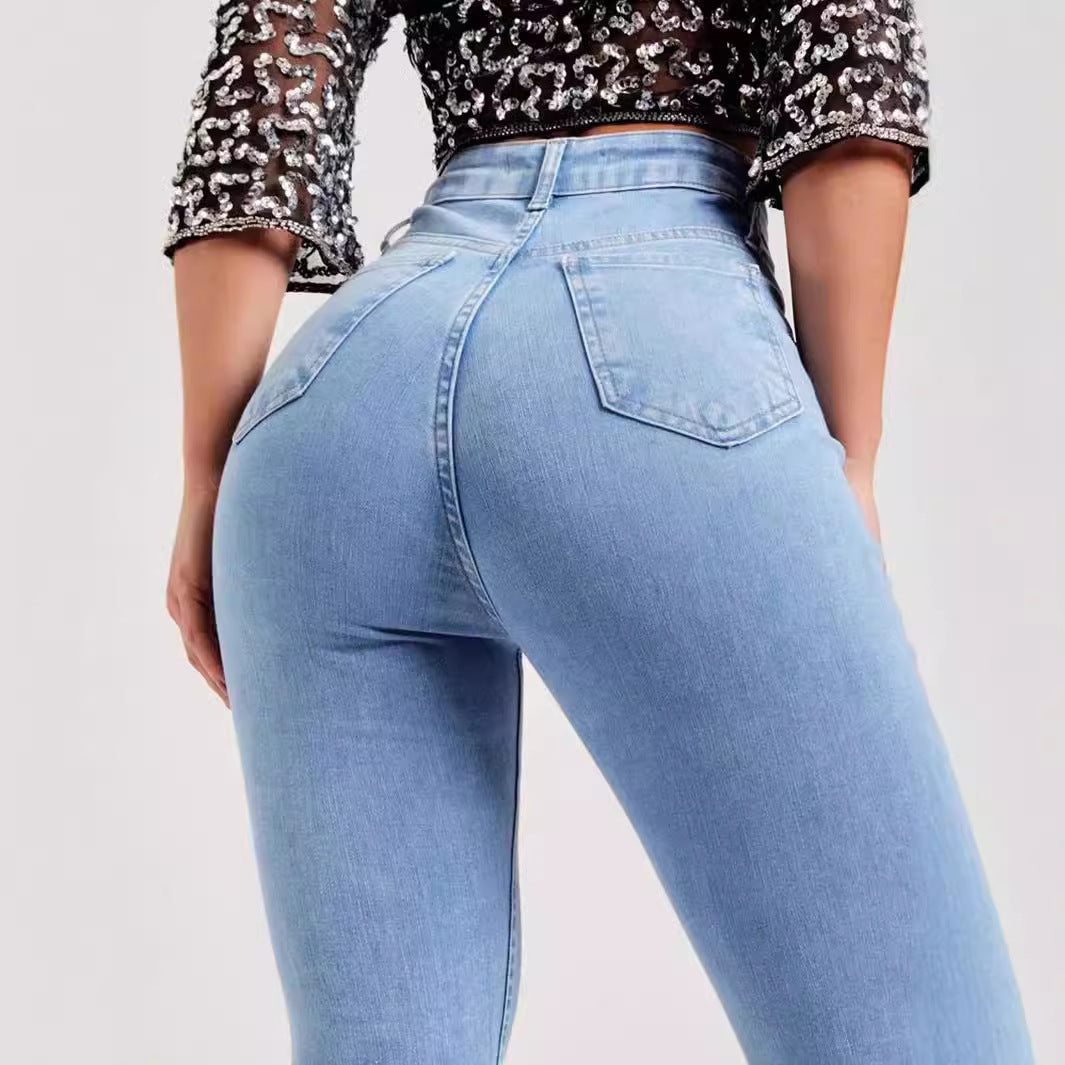 Damen - Dehnbare Jeans - Denim - Ausgestelltem Bund - Hohe Taille für ultimativen Komfort und Stil