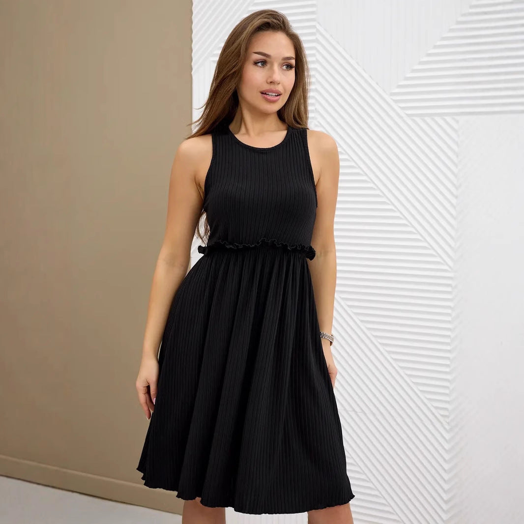 Damen - Ärmelloses A-Linien Midikleid - Hochgeschlossen aus Baumwollmischung - Bequemes Freizeitkleid