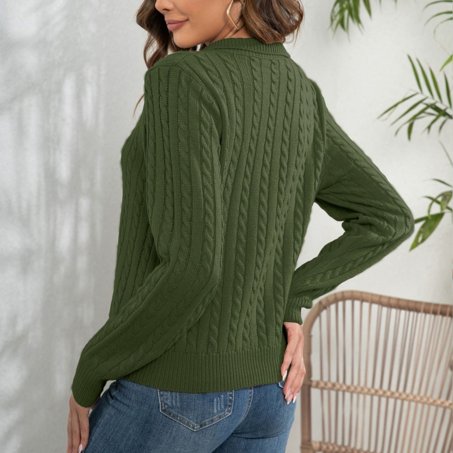 Damen - Pullover mit V-Ausschnitt - Baumwolle - Zopfstrickmuster - Bequeme und stilvolle Strickmode